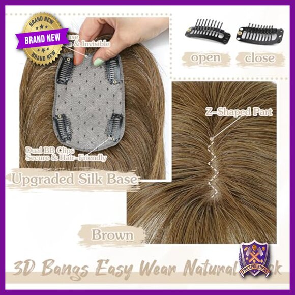 Human Hair Topper with Bangs 150% Density Clip In U Shape 10 Inch main image 5